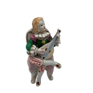 Vintage Wales Porcelain Figurine Boy Playing Mandolin Hand-Painted 1940s